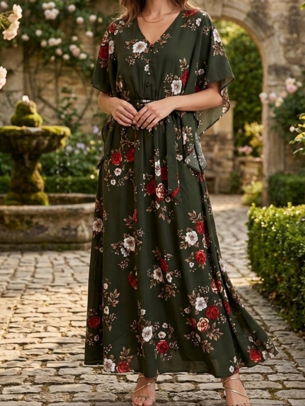 Simplee Olive Green Floral Dress with Rust and Light Blue Accents
